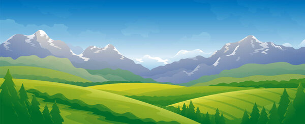 Spring horizontal widescreen landscape. Beautiful hills over mountains background.