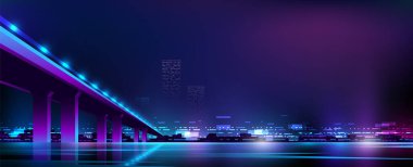 Su yüzeyinde beton köprü var. Neon gece şehir görüntüsü.