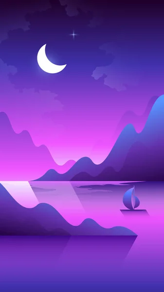 Voilier Solitaire Flotte Dans Les Fjords Illustration Verticale Paysage Nocturne — Image vectorielle