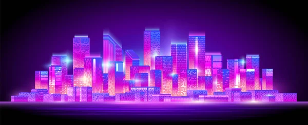 Vista Ciudad Nocturna Moderna Brillante Metrópolis Neón Con Rascacielos — Vector de stock