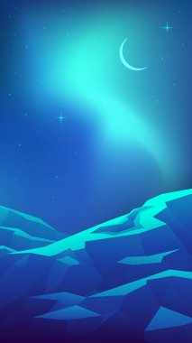 Gece doğasının vektör dikey çizimi. Kuzey ışıklarındaki dağların tepesinde..