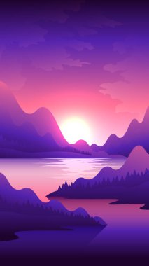 Güzel bir akşam manzarası. Gün batımında dağların arasında nehir.