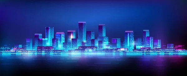 Neon şehir gökdelenlerinin yatay çizimi. Gece gökyüzündeki parlak şehir ışıkları suya yansıyor.