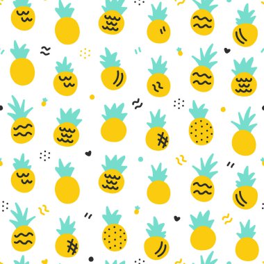 Beyaz arka planda Memphis elementleri olan kusursuz ananas deseni.
