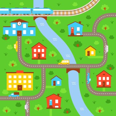 Küçük banliyö hayatı manzarası. Konut binaları, tren istasyonları, haritada arabaları olan yollar. Renkli köyün çocukça çizimi..