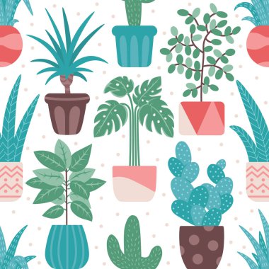 Beyaz arka planda ev bitkilerinin renksiz desenleri. Canavarların düz çizimleri, aloe, palmiye.