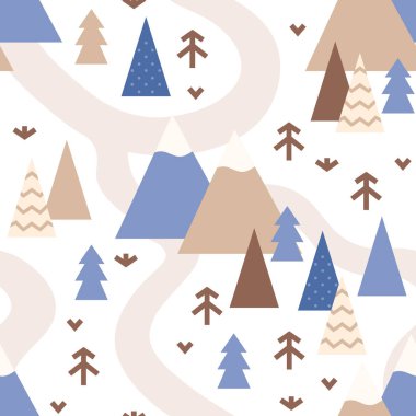 İskandinav tarzı kusursuz bir harita. Çocuk odası illüstrasyonu, dağlar ve orman.