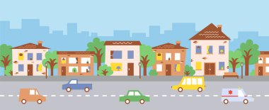 Downtown life panorama. Colorful cartoon flat city landscape. Horizontal cityscape template for banner design.
