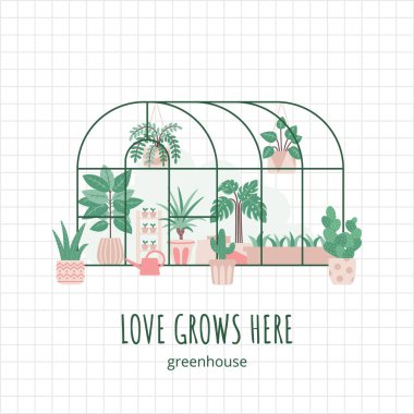 Tropikal bitkileri olan şirin düz bir sera. Büyümek ve ev bitkileriyle ilgilenmek, şebeke arka planında resimleme.