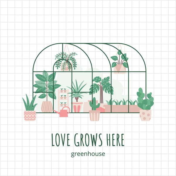 Cute flat greenhouse with tropical plants. Growing and caring for house plants, illustration on grid background.