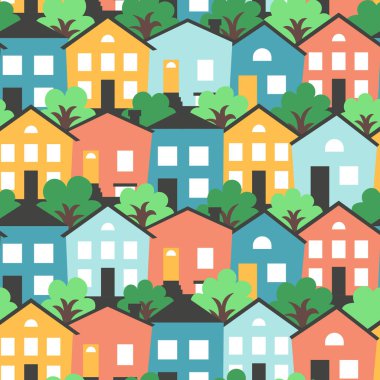 Renkli, düz, şirin evler, yaz çizimleri. Kusursuz desenli sokakları olan evler..
