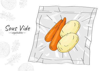 Vektör el çizimi patates ve havuç çizimi. Sous-Vide Yavaş Pişirme Teknolojisi.