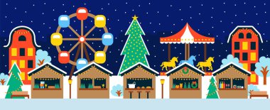 Şehir caddesinde Noel Panayırı. Mağazalar ve lunaparklı düz akşam kutlamaları.