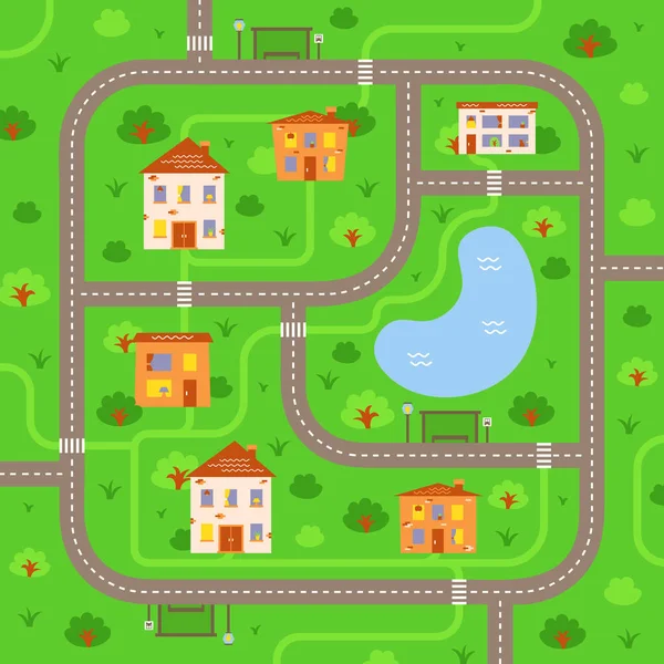 Childish game map of the city in cartoon doodle style. Square summer village with residential buildings and road.