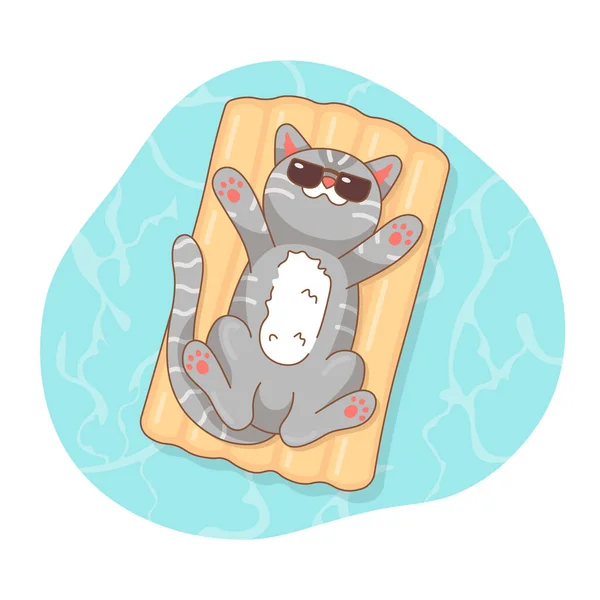 Cute gray cat lies on air mattress in the water. Summer vacation at the sea.