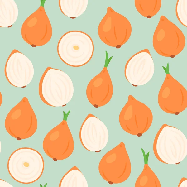 Juicy onion in flat style. Seamless vegetable pattern on green background.
