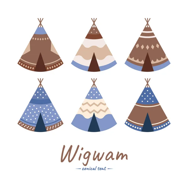 Tradiční Indiánské Kmenové Mobilní Dům Wigwam Set Izolované Bílém Pozadí — Stockový vektor