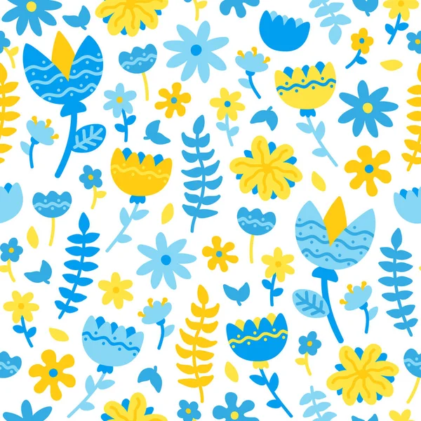 Beautiful Stylized Blue Yellow Flat Flowers Leaves Seamless Pattern White — Vettoriale Stock