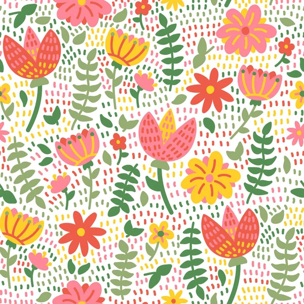 Beautiful Stylized Flat Flowers Leaves Seamless Pattern Dotted Background — Vettoriale Stock