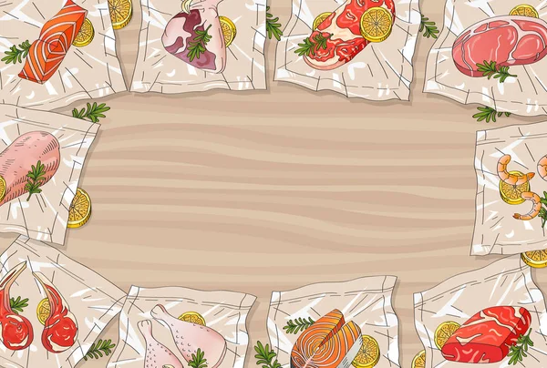 Vacuum Packed Meats Lie Table Top View Vector Hand Drawn — Vector de stock