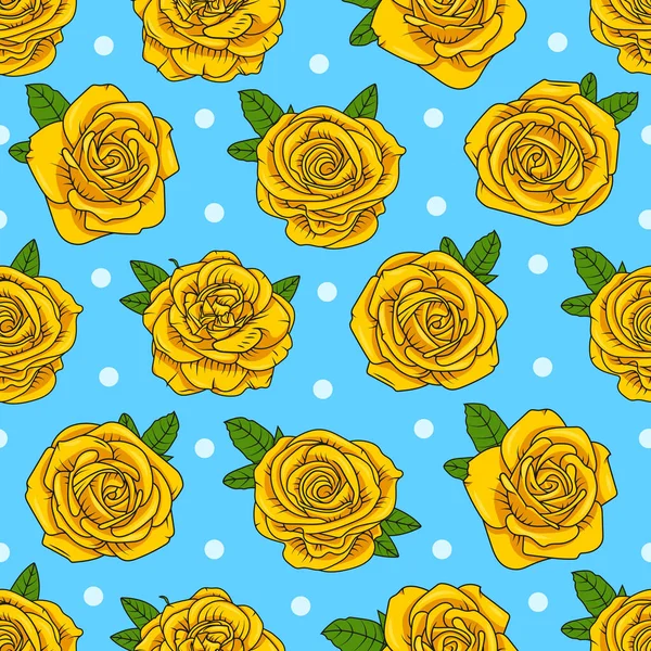 Bright Beautiful Yellow Hand Drawn Roses Blue Dots Background Seamless — Vettoriale Stock