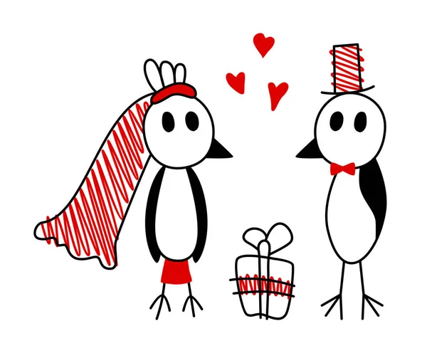 Πουλιά Νυφικά Νύφη Και Γαμπρός Στυλιζαρισμένο Ζευγάρι Ερωτευμένων Πουλιών Αστεία — Διανυσματικό Αρχείο