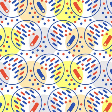 Soyut geometrik desen. Çok renkli daireler ve çizgilerden oluşan biçimlendirilmiş desen. Vektör illüstrasyonu.