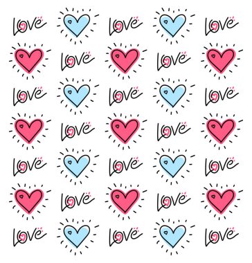 Kalpler. Kalplerin hatlarıyla vektör deseni ve beyaz bir arkaplanda yazılan sevgiyle. Çizim illüstrasyonu.