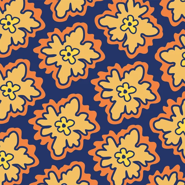 Абстрактный Цветочный Узор Апельсиновые Цветы Темно Синем Фоне Пятна Линии — стоковый вектор
