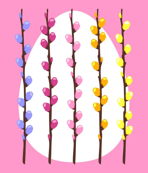 Белое Пасхальное Яйцо Украшенное Разноцветными Ивовыми Ветвями Киски Розовом Фоне — стоковый вектор
