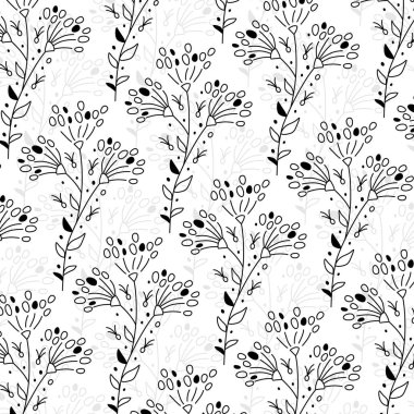 Karalama bitkileri. Dekoratif şekillendirilmiş bitkiler beyaz arka planda tek çizgi çizilmiş. Düz vektör illüstrasyonu.