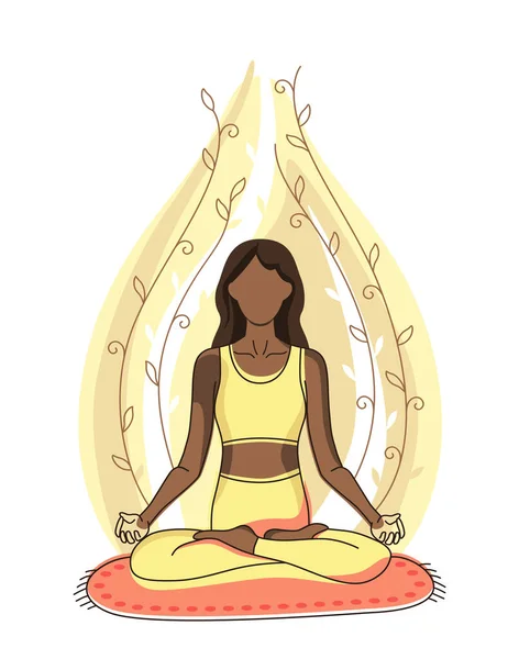 Girl Sits Crossed Legs Rug Does Yoga Meditates Background Stylized — Image vectorielle