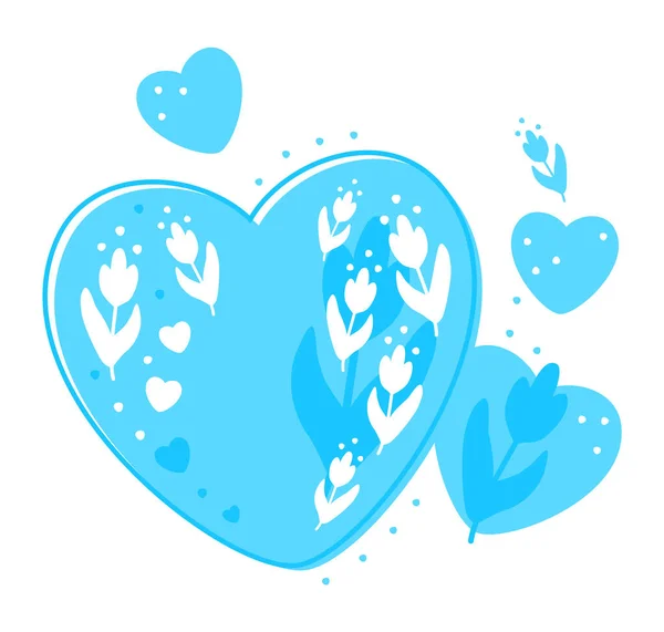 Heart Illustration Valentine Day Wedding Blue Heart Decorated White Flowers — Vettoriale Stock