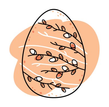 Paskalya yumurtası. Söğüt dallarıyla süslenmiş dekoratif Paskalya yumurtası. Paskalya vektörü illüstrasyonu.