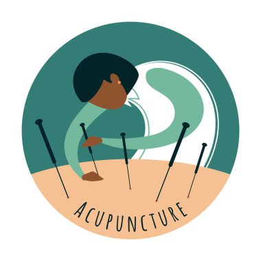 Akupunktur. Tarzlı bir kadın akupunkturcu akupunktur ameliyatı yapar. Alternatif tıp. Düz vektör illüstrasyonu.