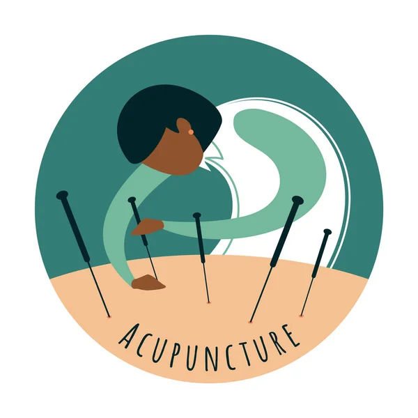 Acupuncture. A stylized female acupuncturist performs an acupuncture procedure. Alternative medicine. Flat vector illustration.
