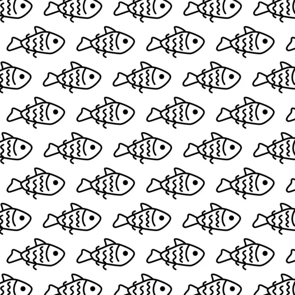 Fish Drawn Black Line White Background Pattern Flat Vector Illustration — Stock Vector