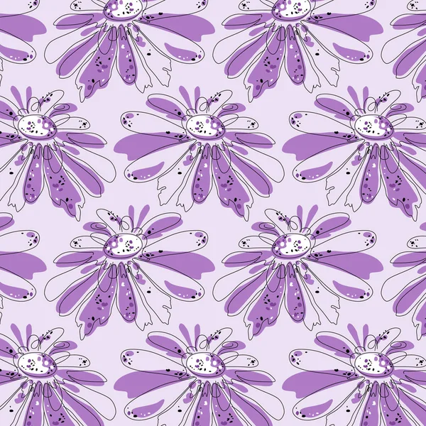 Сиреневые Цветы Линейные Графические Цветы Черным Контуром Фиолетовыми Пятнами Векторный — стоковый вектор