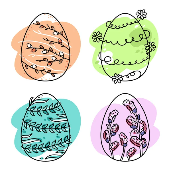 Easter Eggs Set Decorative Easter Eggs Decorated Leaves Flowers Willow — Stock Vector