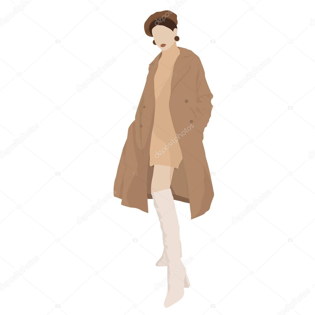 fashionable girl; illustration of a stylish girl in a coat and boots; the girl in the hat; sweet girl in full growth;