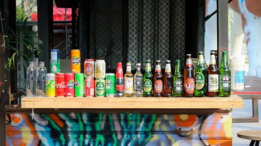 Bangkok Thailand - January 20, 2019 : Drinking water, soft drinks, wine and beer many brands is showing and ready to sale on stall market.
