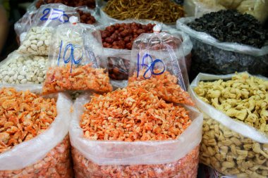 Dried shrimp and other dry food sale in the market