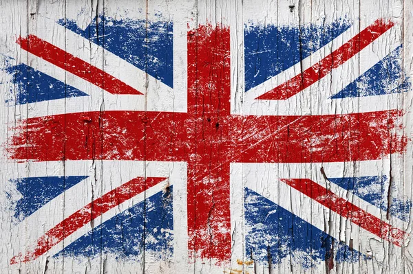 Grunge Britse Vlag Oud Verweerd Wit Geschilderd Houten Ondergrond — Stockfoto