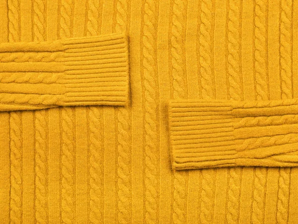 Detailní Pozadí Textura Teplé Žluté Kabel Pletený Vlněný Dres Textilie — Stock fotografie