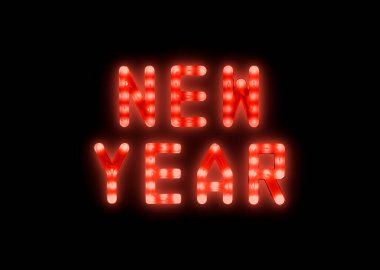 Yakın kırmızı neon parlak parlak öncü ışık Siyah zemin üzerinde Yeni Yıl tabelası