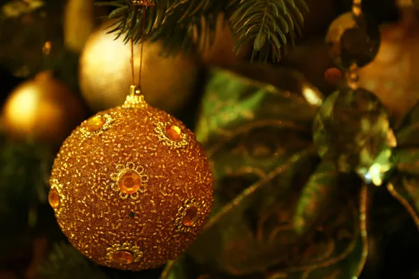 Close Handmade Decorations Hanging Christmas Tree Bows Balls Spheres Warm — Stock Photo, Image