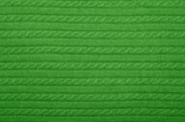Zamknij Tło Tekstury Zielony Kabel Dzianina Wełna Sweter Tkanina Rzędu — Zdjęcie stockowe