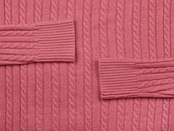 Närbild Bakgrund Struktur Rosa Kabel Stickad Ull Jersey Tyg Tröja — Stockfoto