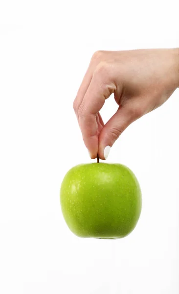 Cerca Mano Mujer Caucásica Sosteniendo Una Manzana Verde Fresca Aislada — Foto de Stock