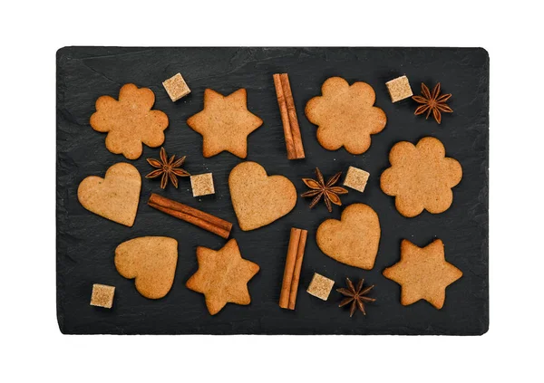 Cerca Corazón Estrellas Forma Galletas Jengibre Navidad Con Canela Especias — Foto de Stock